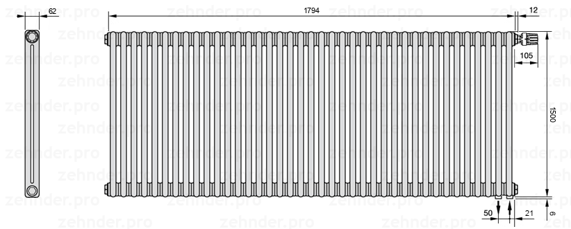 Схема (чертеж) Радиатор Zehnder Charleston 2150/39 №V002 Белый глянцевый RAL 9016